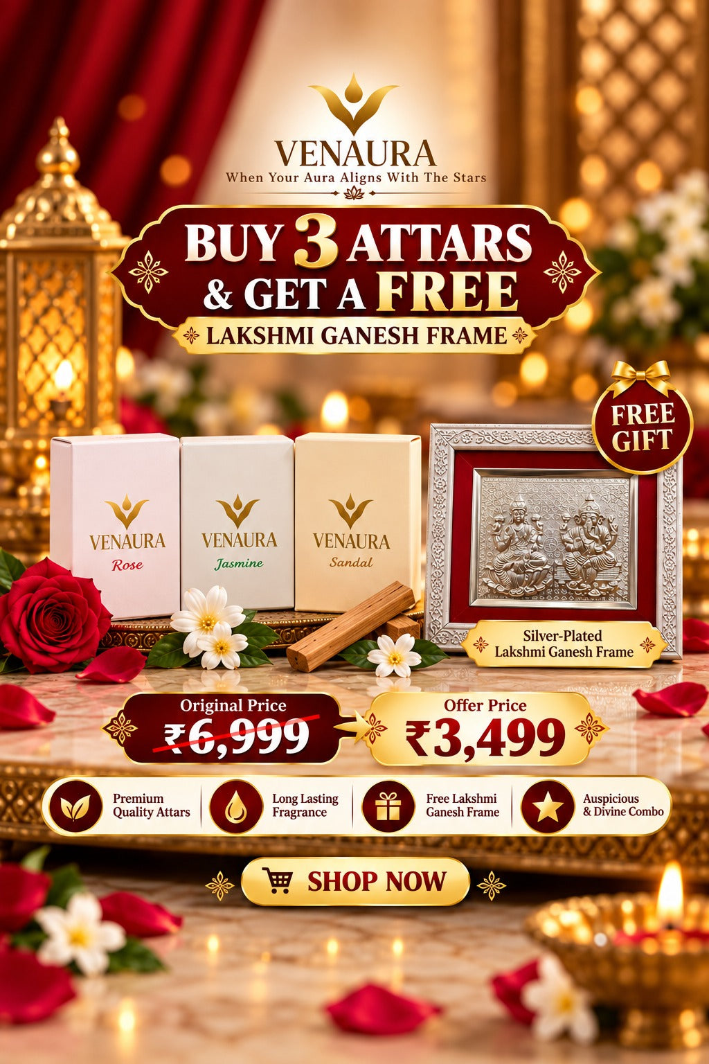VENAURA Divine Fragrance Combo Buy 3 Premium Attars & Get Silver-Plated Lakshmi Ganesh Frame FREE! 🙏