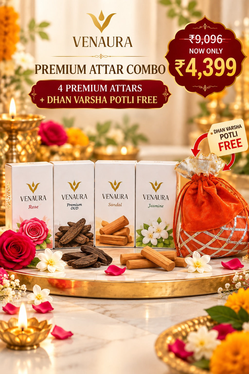 VENAURA Divine Aura Collection – 4 Premium Attars + Dhan Varsha Potli FREE